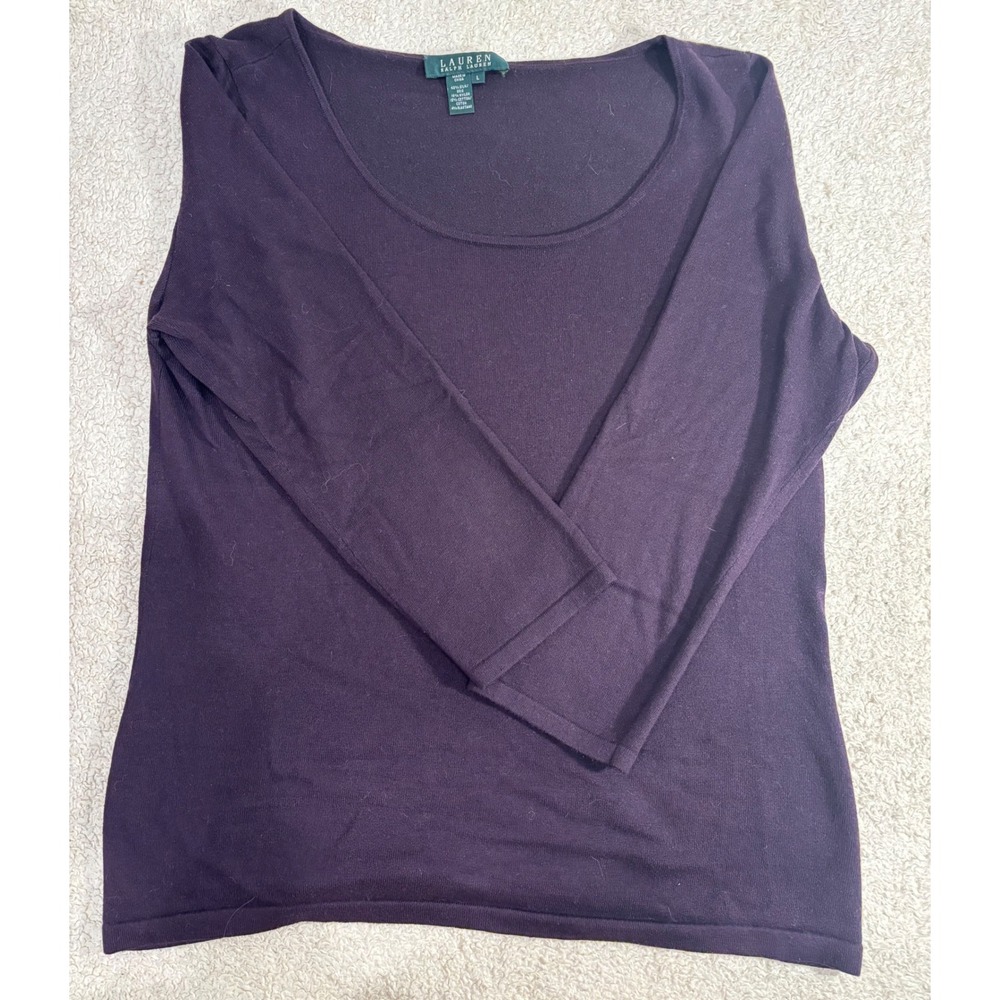 Lauren Ralph Lauren Purple Silk Blend Scoop Neck 3/4 Sleeve Knit Top Large